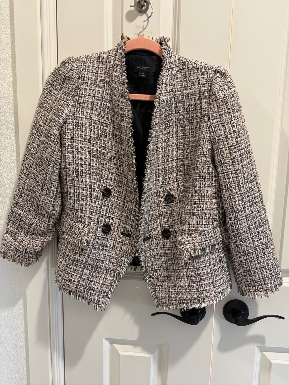 Ann Taylor Neutral Tweed Frayed-Edge Double-Breasted Blazer